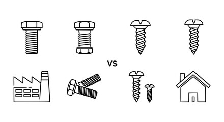 Set of industrial bolts versus residential screws comparison icons featuring factory building house and various metal fasteners in thin line vector style for construction. © Sujon Shah
