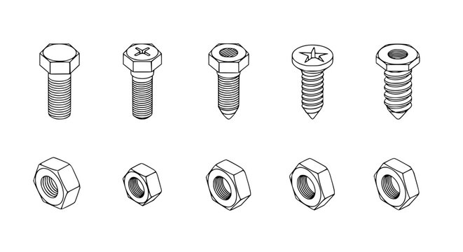 Collection of isometric technical hardware icons featuring various hex bolts philips head screws and metal nuts in thin line vector style for industrial maintenance.