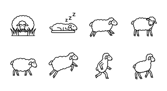 Set of cute sheep icons featuring various poses including sleeping jumping grazing and walking in minimalist thin line vector style for farm animal illustrations.