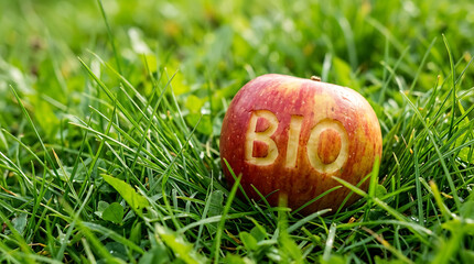 Fototapeta premium Fresh organic apple labeled bio resting on green grass outdoors transparent background
