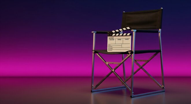 modern 3d studio lighting setup featuring a reflective director clapperboard on a metal clapper stand against vibrant purple gradient background for cinematic visual effects and film production