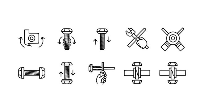 Mechanical bolt assembly and fastener instruction vector icon set showing steps for tightening, loosening, and installing hardware for industrial machinery and DIY repair manuals.