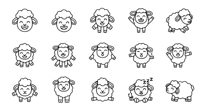 Set of cute cartoon sheep icons featuring various happy expressions and poses including jumping sleeping and standing in minimalist thin line vector style.