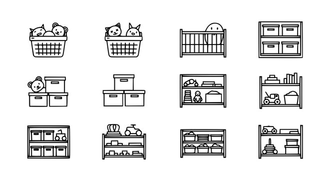 Kids toy storage and nursery organization vector icon set featuring toys in baskets boxes and on shelving units for playroom tidying and childcare home interior concepts.