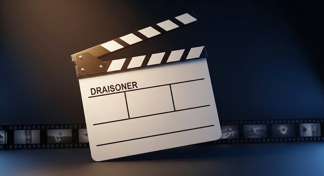 Dramatic 3D rendered film clapperboard with DRAISONER text illuminated by a warm spotlight on a dark cinematic background featuring a detailed filmstrip with movie frames, symbolizing professional