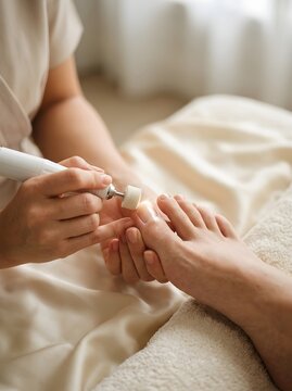 Professional beautician using electric nail file for pedicure treatment on client foot in spa salon