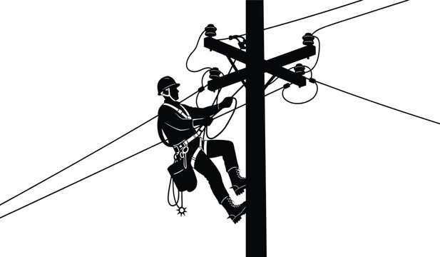 silhouette of lineman working on utility pole with high voltage wires against a white background high quality professional detailed modern elegant stylish clean crisp