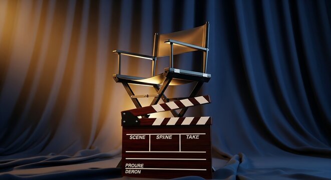 Classic wooden directors chair resting atop a traditional film clapperboard slate dramatically illuminated by a warm spotlight against a dark blue draped studio background symbolizing cinematic