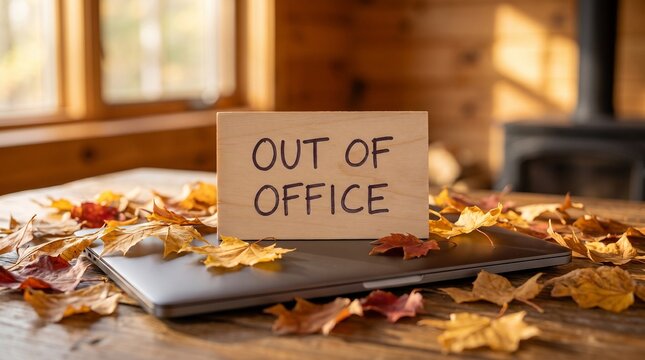 "Out of office" wooden sign on a closed laptop surrounded by autumn leaves in a cozy cabin.