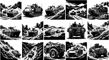 Obraz premium Military Armored Vehicles Vector Illustrations Set. Black and White Monochrome Line Art of Army Tanks, APCs, and Combat Trucks for Defense and Warfare Designs.