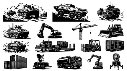 Obraz premium Heavy Machinery and Military Vehicles Monochrome Line Art Icon Set. Industrial, Construction, Transportation, and Defense Equipment Collection.