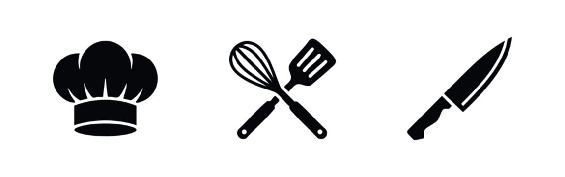 Set of minimalist black culinary icons including a chef's hat, crossed whisk and spatula, and a kitchen knife, perfect for food and restaurant design.