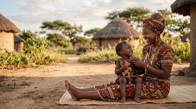 A heartwarming scene of an African mother and her young child sitting on a woven mat, laughing and playing together in a traditional rural village setting with thatched-roof huts
