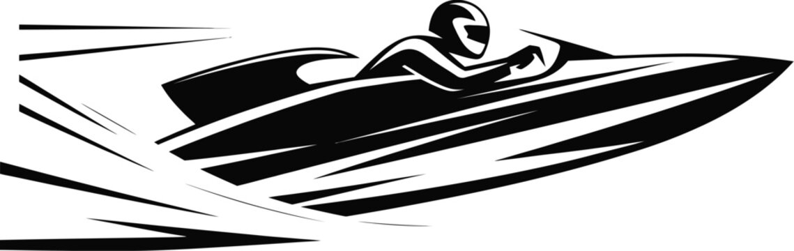 A minimalist black and white vector illustration of a luxury speed yacht and motor boat silhouette designed for sea travel and water sport transportation art