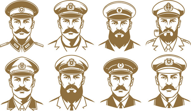 Set of Military and Naval Officer Portrait Illustrations in Vintage Monoline Style featuring Captains, Commanders, and Pilots for Logos, Badges, and Print