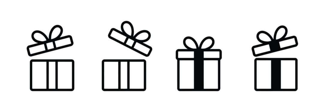 Set of gift box icons featuring open and closed versions with ribbons for birthday Christmas celebration and surprise reward symbols.