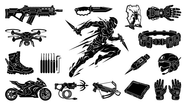 Tactical Military and Sci-Fi Adventure Gear Glyph Icons Set. Black Silhouette Vector Collection of Weapons, Spy Equipment, and Action Figures for Gaming and Security Themes.