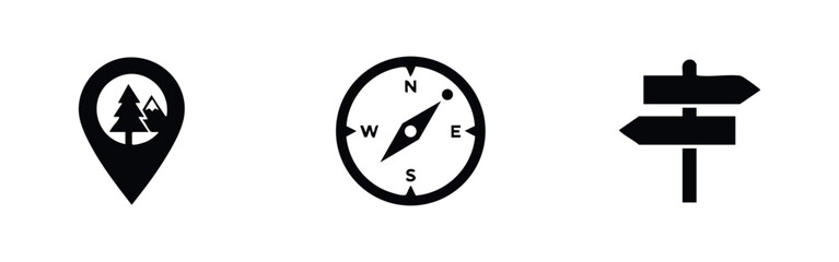 Set of minimalist black travel icons including a mountain location pin, a compass, and a directional signpost on a clean white background. © Lili