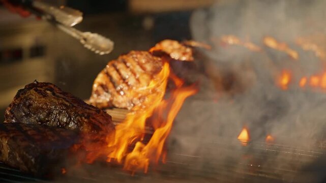 Premium steaks being prepared in super expensive restaurant as chef uses tongs to flip seared meat on open flame grill. Slow motion captures smoke rising and fire dancing beneath juicy cuts.