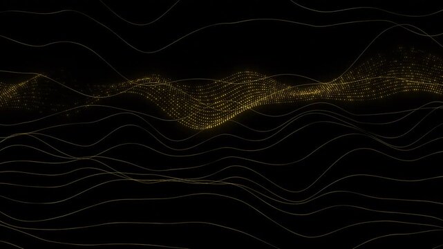 Golden wave lines space dotted particle flow, smooth curves, elegant minimal energy. for luxury videos, music backgrounds, technology promos, corporate intros, modern titles, and abstract overlays.
