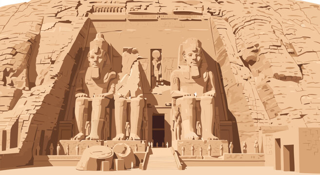 A vector illustration of colossal statues standing proudly at Abu Simbel Temple in Egypt.