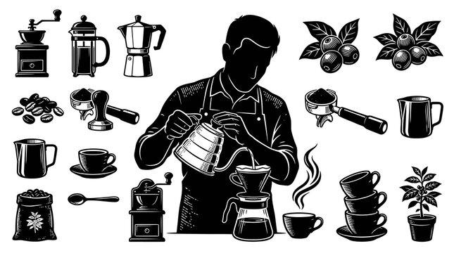 Black and White Line Art Vector Illustration of Coffee Making and Barista, Coffee Beans, Equipment, Cups, and Plant