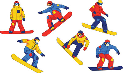 Snowboarding Action Vector Set with Winter Sports Athletes in Colorful Gear for Ski Resort and Adventure Designs © Emdadul