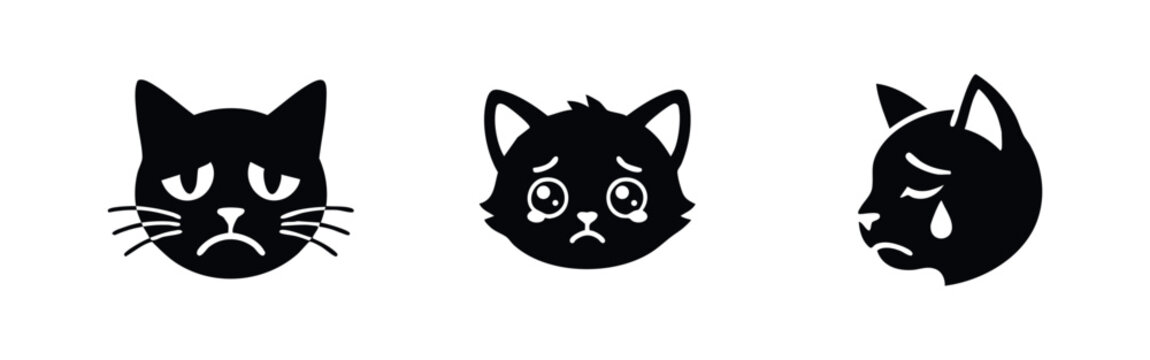 Set of three sad black cat icons showing different expressions of grief, disappointment, and crying. Minimalist vector illustration on white background.