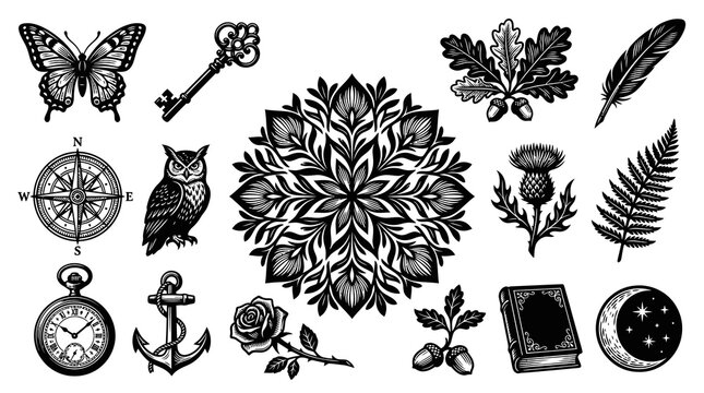 Vintage Tattoo Style Black and White Vector Icons: Butterfly, Owl, Compass, Anchor, Rose, Key, Mandalas, Feather, Thistle, Fern, Oak Leaves, Book, Moon, Clock