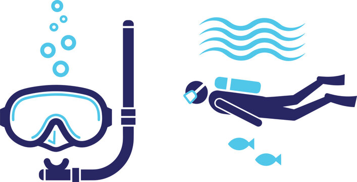 Snorkeling and Scuba Diving Vector Icons with Mask, Snorkel, Diver, and Underwater Exploration Symbols for Water Sports Designs