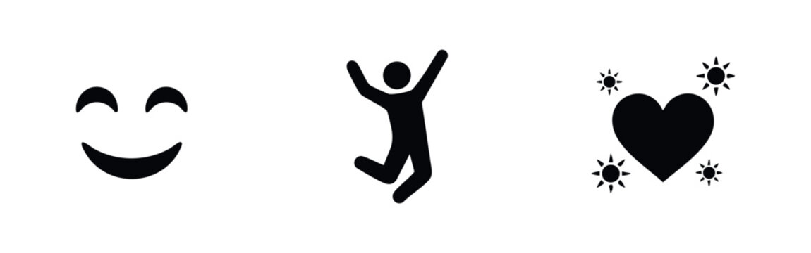 Minimalist black icons depicting themes of happiness and joy, including a smiling face, a jumping person celebrating success, and a radiant heart.