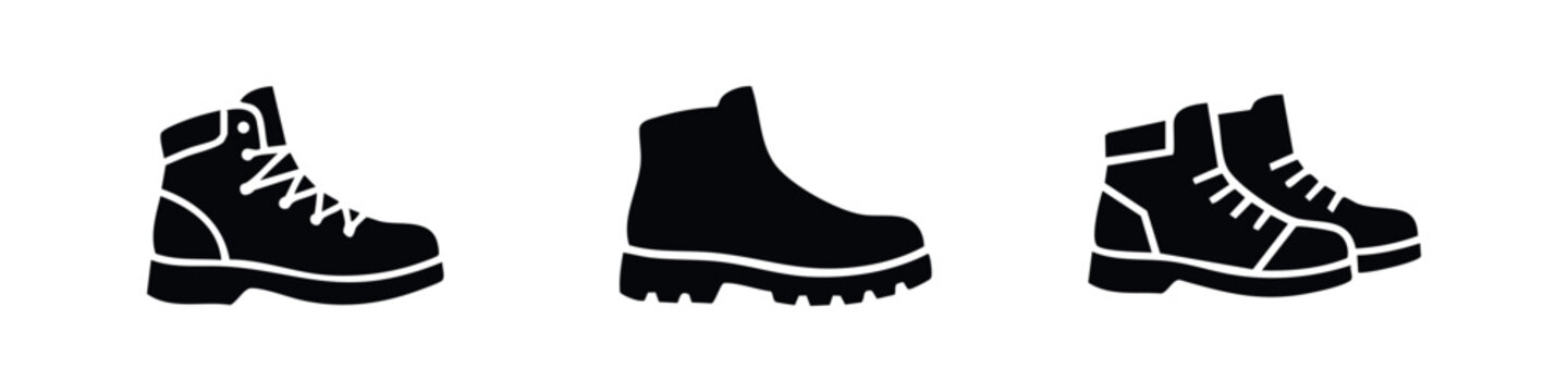 Set of minimalist black boot icons on white background, including hiking boots, work boots, and winter footwear for outdoor activities.