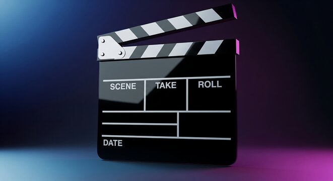 film production clapperboard on white background with black slate and clapstick used by director and camera crew on movie set in studio for cinematography and entertainment industry actions