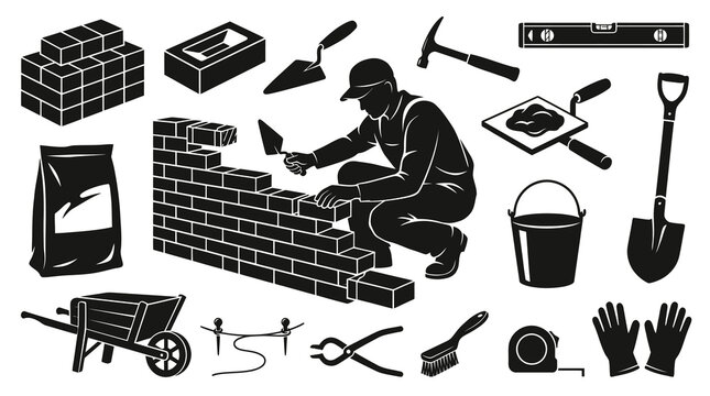 Black and white illustration of construction tools and a bricklayer building a wall, industry vector