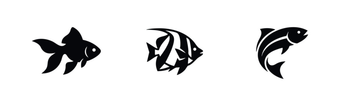 Minimalist set of three black fish silhouettes: a goldfish, a striped angelfish, and a leaping salmon, isolated on a clean white background.