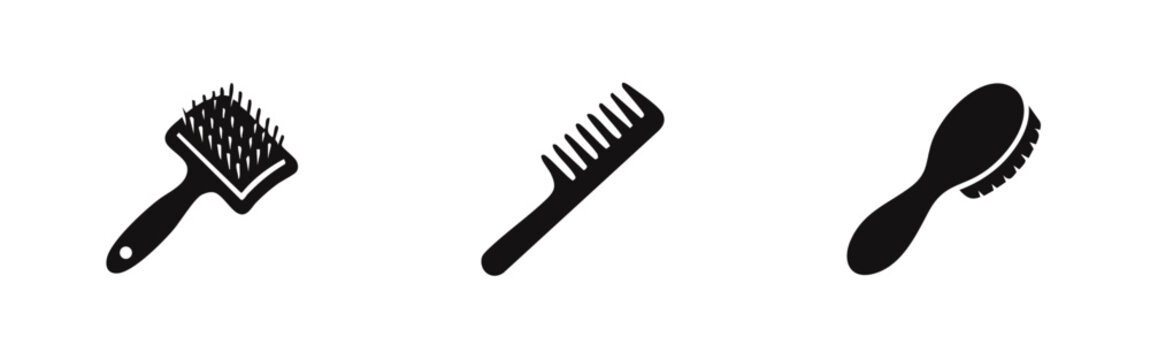 Minimalist set of black hairbrush and comb silhouette icons isolated on a white background. Perfect for beauty, styling, and hair care designs.