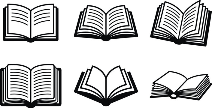 Set of hand drawn open book icons showing different angles and page layouts Vector