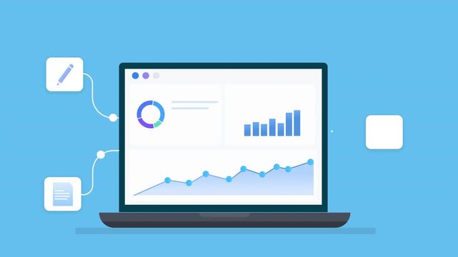 Animated flat illustration of a laptop displaying analytics charts with connected interface tools, representing data management, business monitoring, and digital workflow technology.
