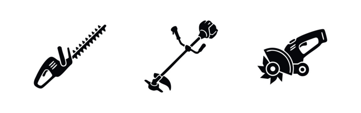 Professional landscaping and garden power tool silhouettes including a hedge trimmer, string trimmer, and power saw on a clean white background.