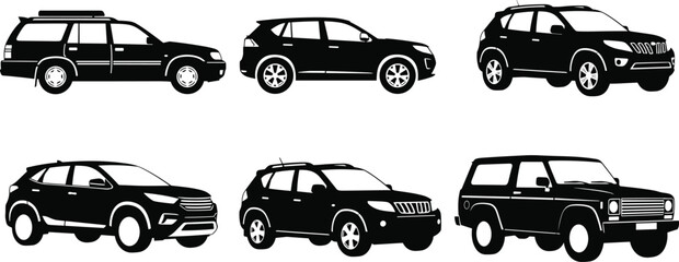 SUV and Off-Road Vehicle Icon Set Featuring Various 4x4 Models for Car, Transport, and Adventure Themes © Emdadul