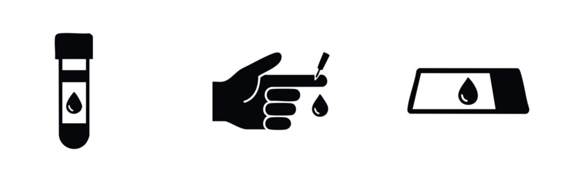 Collection of medical icons showing a blood sample test tube, a finger prick with a blood drop, and a glucose monitoring device.