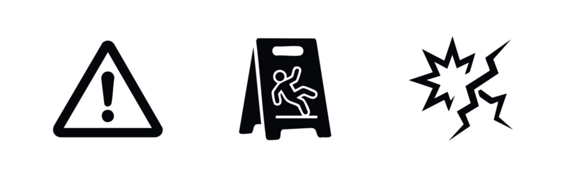 Set of black safety warning icons featuring a caution triangle, wet floor sign, and impact symbol, isolated on white for easy use.