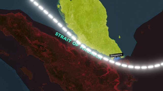 Geopolitical Map Animation of the Strait of Malacca and Singapore Strategic Shipping Route and Southeast Asia Trade Corridor