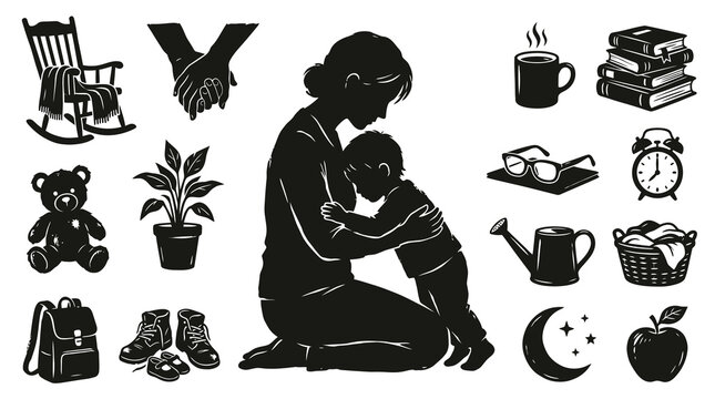 Black Silhouette Icons of Mother and Child, Family Love, Childhood, and Household Items