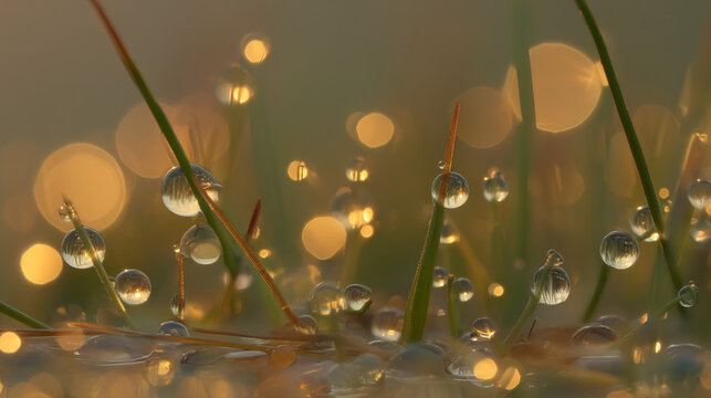 Macro photography of dew drops on grass blades with bokeh lights close up background