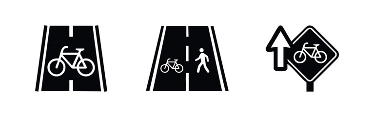 Set of black and white icons representing bicycle lanes, shared pedestrian paths, and cycling route signage for urban transport and safety. © Lili