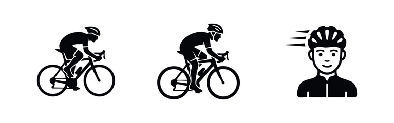 Obraz premium Set of black minimalist icons featuring road cyclists in racing positions and a cyclist portrait with a helmet. Ideal for sports and fitness design.