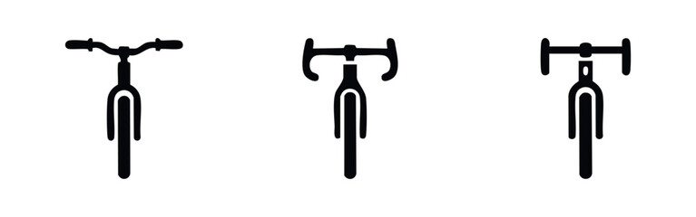 Three minimalist black icons of bicycle front views, including mountain and road bikes, isolated on a white background. © Lili