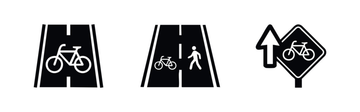 Set of black and white icons representing bicycle lanes, shared pedestrian paths, and cycling route signage for urban transport and safety.