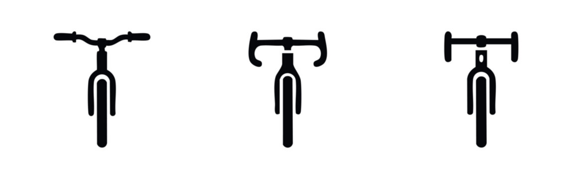 Three minimalist black icons of bicycle front views, including mountain and road bikes, isolated on a white background.
